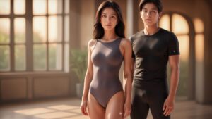 神崎美月が、レオタードを着てヨガスタジオでコーチと一緒に立っている。神崎美月のレオタードがとても薄く、神崎のビニの形や、股間の秘裂の形まで見えるようである。